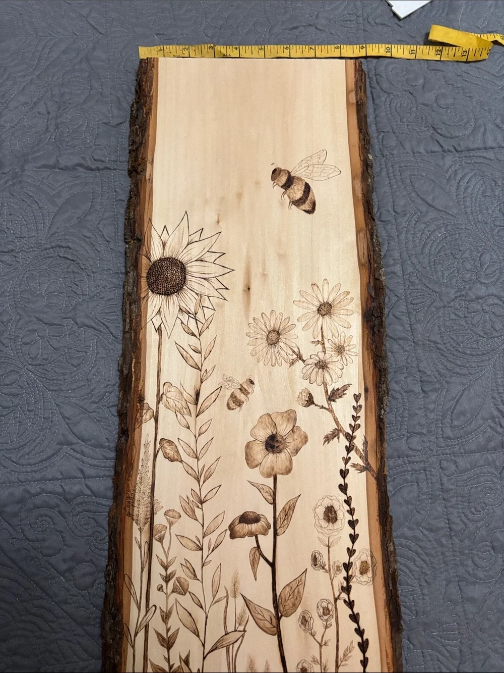 Handcrafted Floral Bee Wood Wall Art - Natural